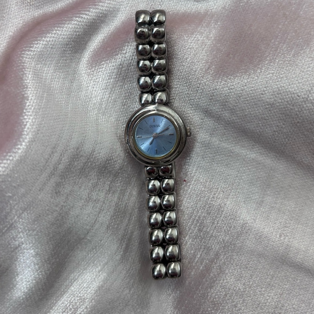 Guess watch, vintage, raw, silver band, blue face